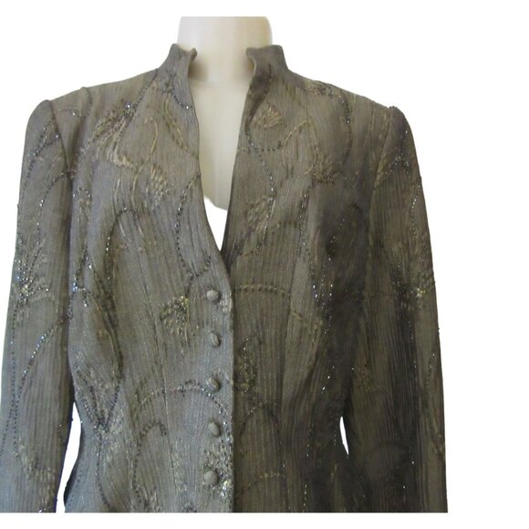 Carmen Marc Valvo Beaded Short Brownish Green Button Down Jacket in Sz 12 - Picture 2 of 7